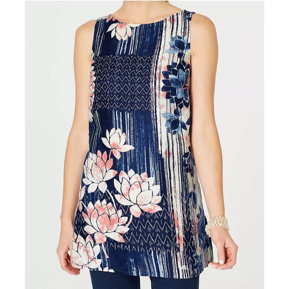 Pure Jill Linen Tunic Dress sz M Sleeveless Linen A-Line Lotus Floral Watercolor